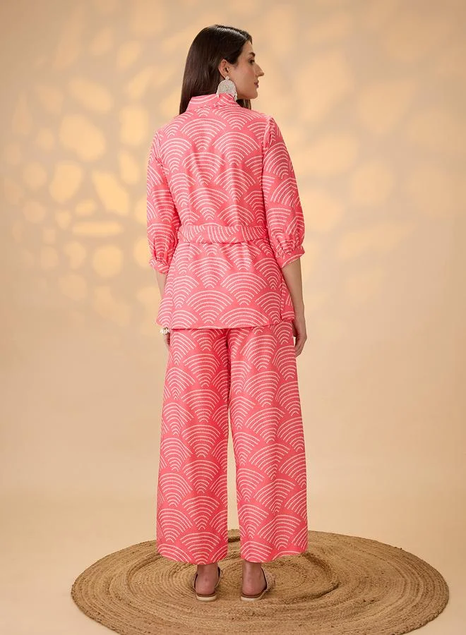 globus Women All Over Print Tunic and Palazzos with Belt Fusion Co-Ords